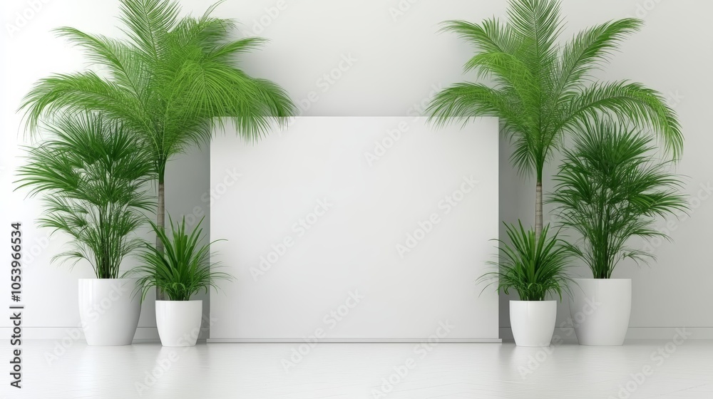 Fototapeta premium Serene green oasis, two potted palm trees flourish in a minimalist white room with blank sign