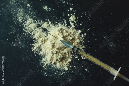 Syringe and Powder on Dark Surface photo