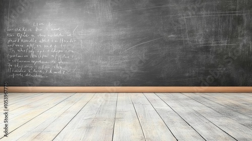 Classic blackboard background with wooden frame and outoffocus wooden floor empty photo