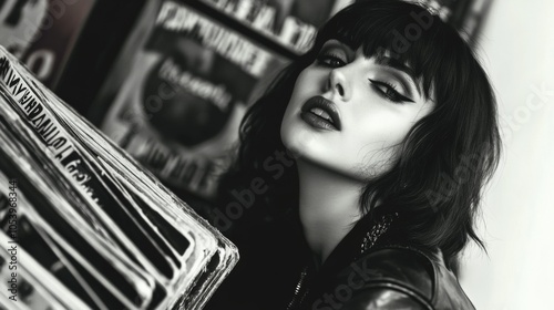 Goth punk rock girl browsing through vinyl records in a punk music store. Dressed in a leather jacket and dark make-up. Fashion. Style. Black and white.