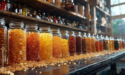 Colorful jars of various crystals arranged on a wooden surface.