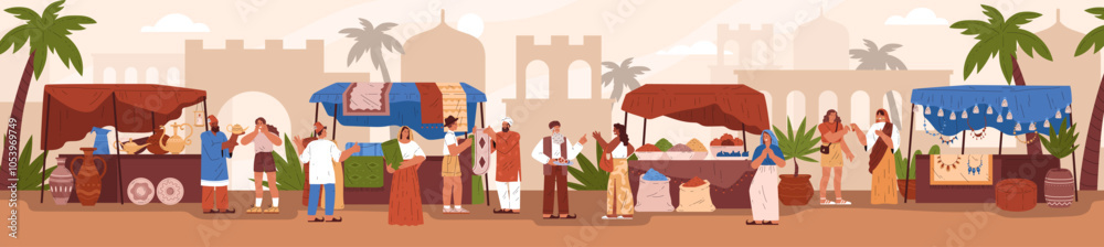 Fototapeta premium Oriental bazaar vector illustration, Eastern market trade tent with handmade carpets, jewelry, pottery and spices