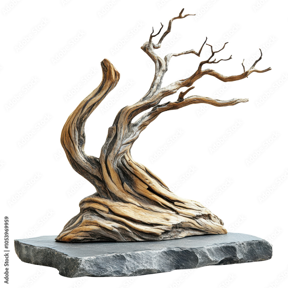 Fototapeta premium An artistic wooden sculpture resembling twisted branches, elegantly displayed on a stone base against a black background.