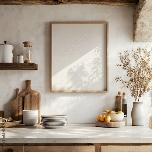 Blank frame mockup in a rustic kitchen