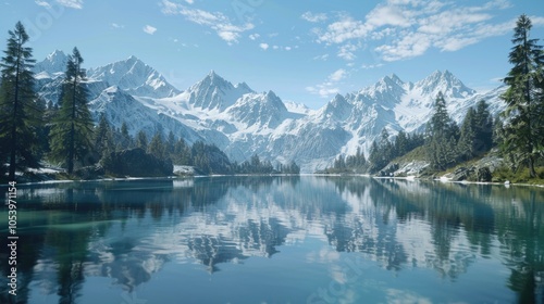 Beautiful mountain lake with snow-capped mountains in the background. The water is calm and still, reflecting the surrounding landscape. Concept of tranquility and serenity