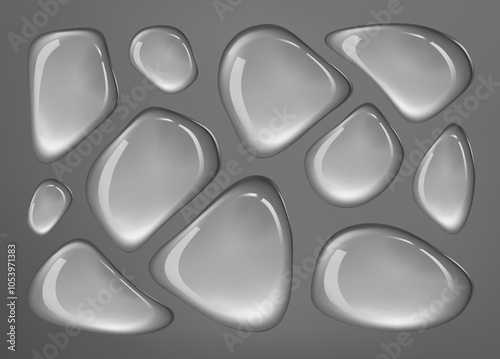 Isolated glossy water drops pattern on gray background