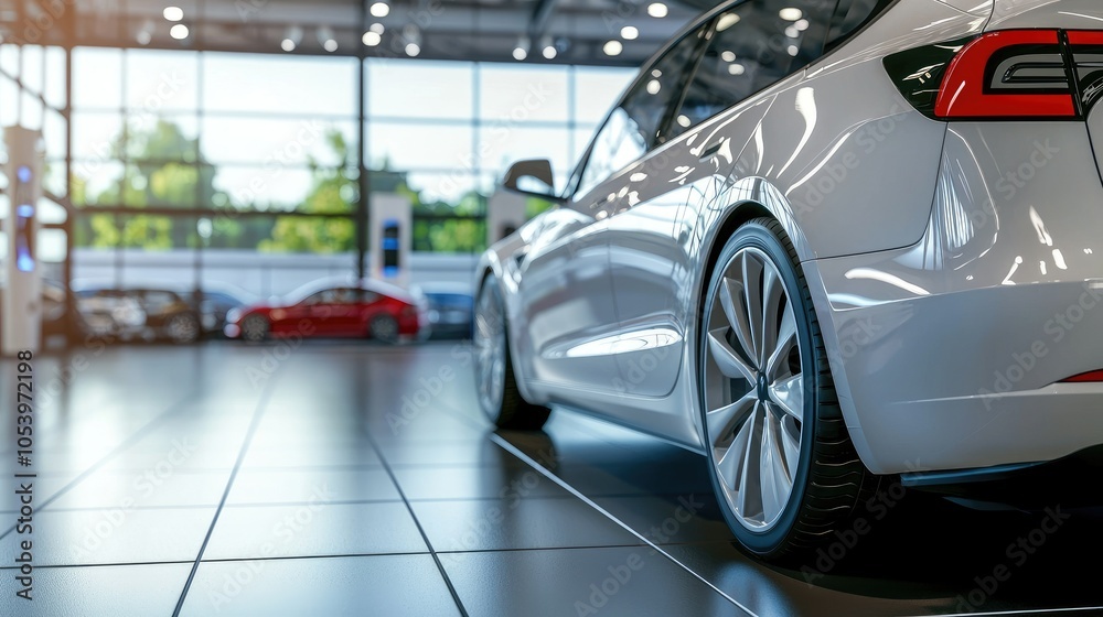 Fototapeta premium Bright and Clean Electric Car in Modern Showroom