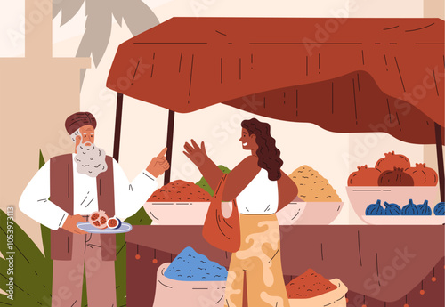 Vector illustration an oriental market, which depicts a turban-clad merchant and a girl buying figs