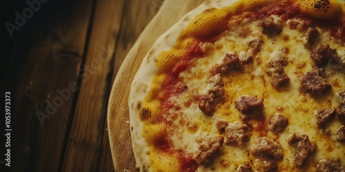 Overhead closeup of a rustic style pizza with golden thin crust and sausage. Professional fine dining gourmet food photography with empty text space for marketing and advertising. photo