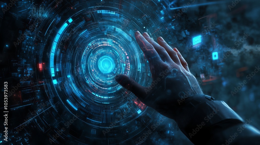 Fototapeta premium Futuristic Hand and Digital Circle Interface on Abstract Technology Background