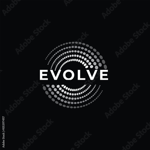 This is a wordmark logo design that said EVOLVE with two encircling group of dots in black and white