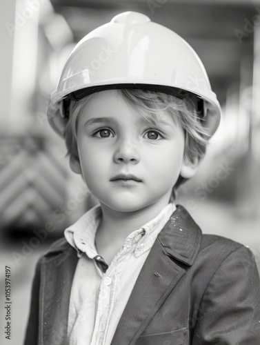 Young boy wearing a hard hat and a suit. He is looking at the camera. Concept of professionalism and responsibility