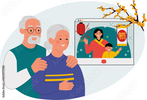 Family with grandparents, daughter, grandson celebrate Lunar New Year remotely via video call. Includes lanterns, fireworks, cherry blossoms, hanging Scroll with Chinese calligraphy means "Good Luck"