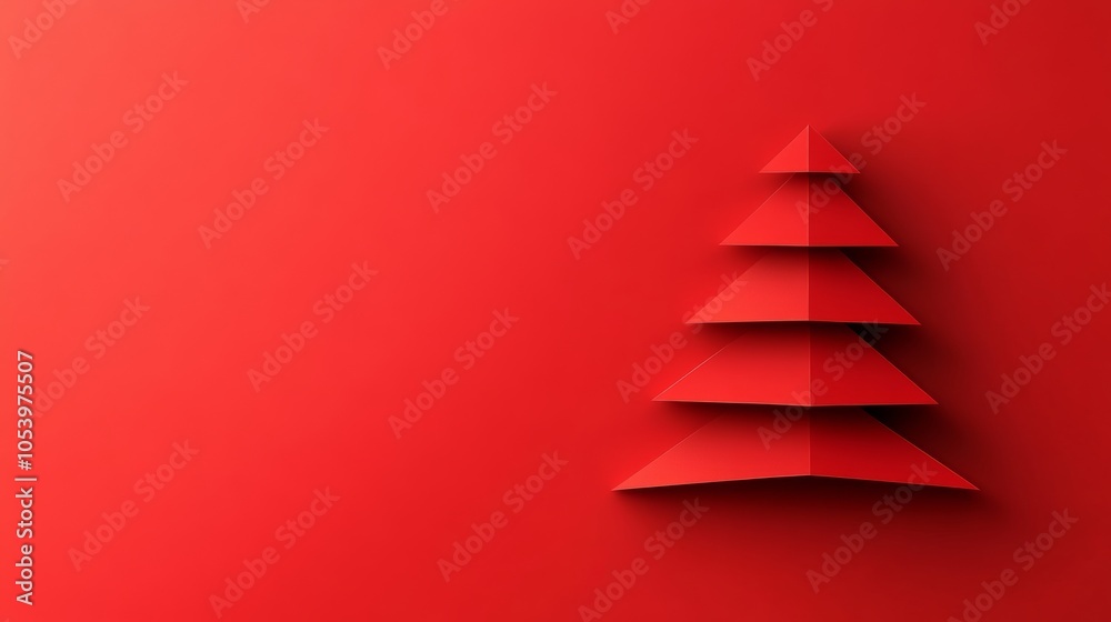 Red background with a paper tree on it. Red background. Minimalist red background with a three-dimensional Christmas tree shape, suitable for festive decoration or packaging design