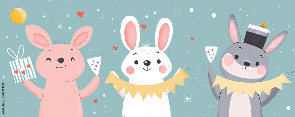 Fototapeta premium Cartoon cute concept with pastel-colored animals holding New Year's banners. Created by using generative AI tools.