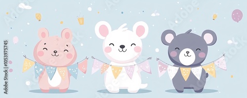 Cartoon cute concept with pastel-colored animals holding New Year's banners. Created by using generative AI tools.
