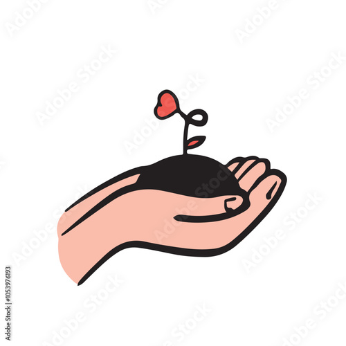 Two human hands growing heart from the earth. Self care, love yourself, acceptance concept. Charity, volunteer work icon. Valentines day vector illus