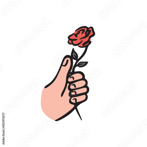 Vector illustration of hand offering red rose. Showing love.  Self care, love yourself, acceptance concept. Charity, volunteer work icon. Valentines day vector illustration