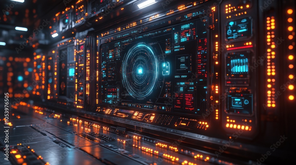 Obraz premium Futuristic control room with glowing interfaces and data displays.