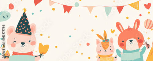 Cartoon cute concept with pastel-colored animals holding New Year's banners, space for text on the side. Created by using generative AI tools.