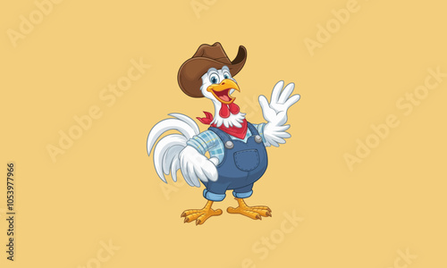 Cartoon rooster in farmer attire waving cheerfully.