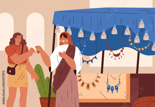 Oriental bazaar, souk trade tent with Eastern handmade jewelry, craft beads, earrings, female tourist with seller vector