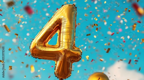 A golden number 4 balloon surrounded by colorful confetti in a cheerful celebration atmosphere, suggesting a festive event such as a birthday or anniversary.