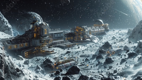 Fototapeta Naklejka Na Ścianę i Meble -  Futuristic Lunar Base Sci Fi Space Station on Moon Surface