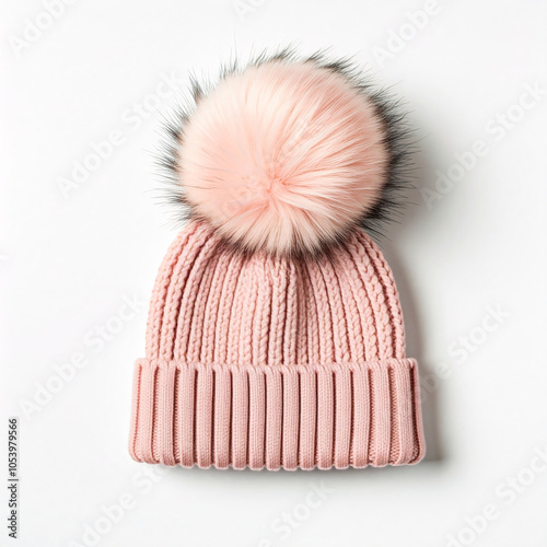 pink knit winter hat with fur pom pom on white background