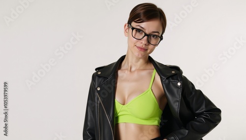 Young woman wearing a green bra and jacket short-haired pose photo