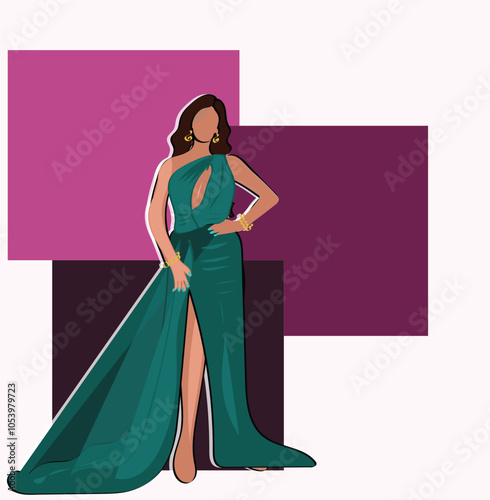 Beautiful Woman in fashion long green dress vector. Vector illustration of beautiful brunette young woman with long curly hairstyle in transparent green long evening dress.