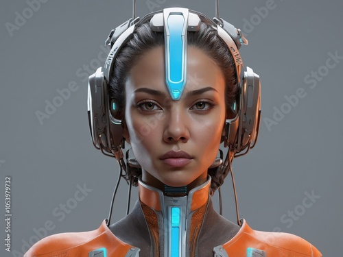 A Stunning Portrait of a Human Woman Robot Set Against a Gray Background Blending Technology and Humanity with Realistic Facial Features and Elegant Design, Capturing the Essence of Advanced Robotics photo