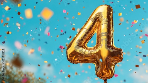 A golden number 4 balloon floats in the air with colorful confetti against a clear blue sky, likely indicating a celebration of a fourth anniversary or birthday.