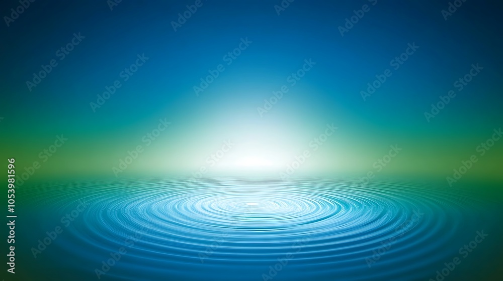 Fototapeta premium Abstract blue and green water background with ripples and a bright light in the center.
