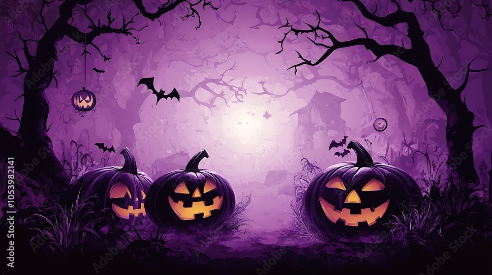 Fototapeta premium Halloween haunting lavender vector backdrop featuring whimsical pumpkin designs