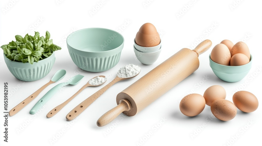 A kitchen mockup scene featuring a rolling pin, eggs, and baking utensils arranged on a clean white background, ready for baking or cooking A kitchen mockup scene featuring a rolling pin, eggs, and baking utensils arranged on a clean white background, ready for baking or cooking