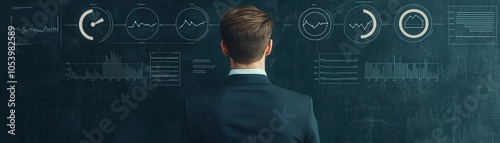 Businessman Looking at Data Charts on a Blackboard.