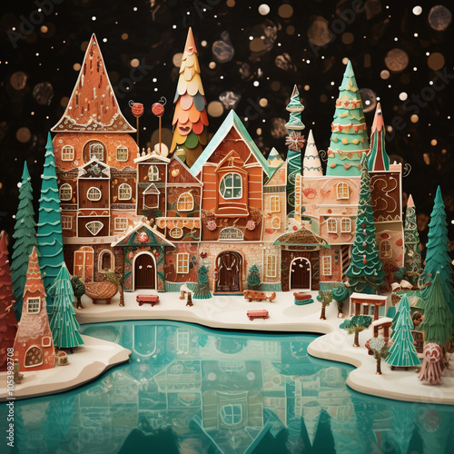 Christmas, a vacation postcard with gingerbread houses, pools and Christmas decorations, Santa Claus, reindeer , gift, holiday, xmas, box, celebration, winter.