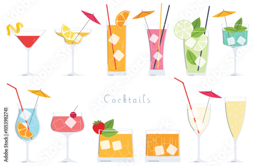 A set of cocktails. Light alcoholic drinks in different glasses. Drinks in cafes, bars. Cocktail menu. Vector illustration