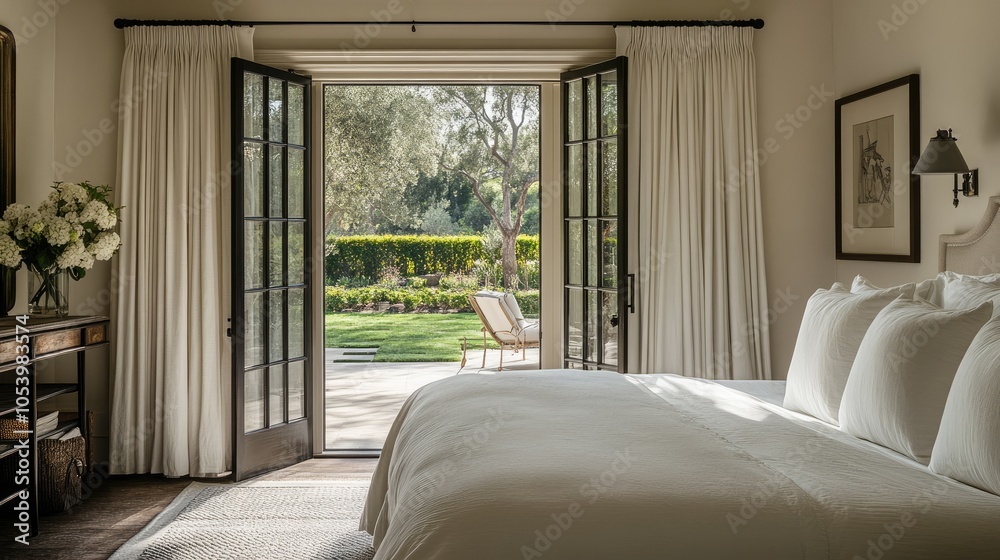 Fototapeta premium A luxurious bedroom with French doors opening to a terrace, featuring a king bed dressed in white linens and a serene garden view.