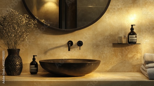 A luxurious bathroom design featuring an oval sink and mirror with elegant black fixtures, set against a beige wall for a clean, contemporary aesthetic