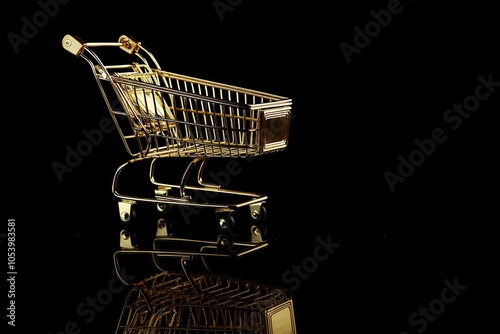 A luxurious golden shopping cart isoalted against a black background, symbolizing wealth, high-end retail, and premium shopping experiences. Ideal for themes of online retail, and exclusive services. photo