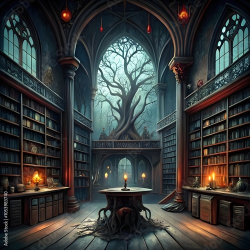 horror scene with eerie library