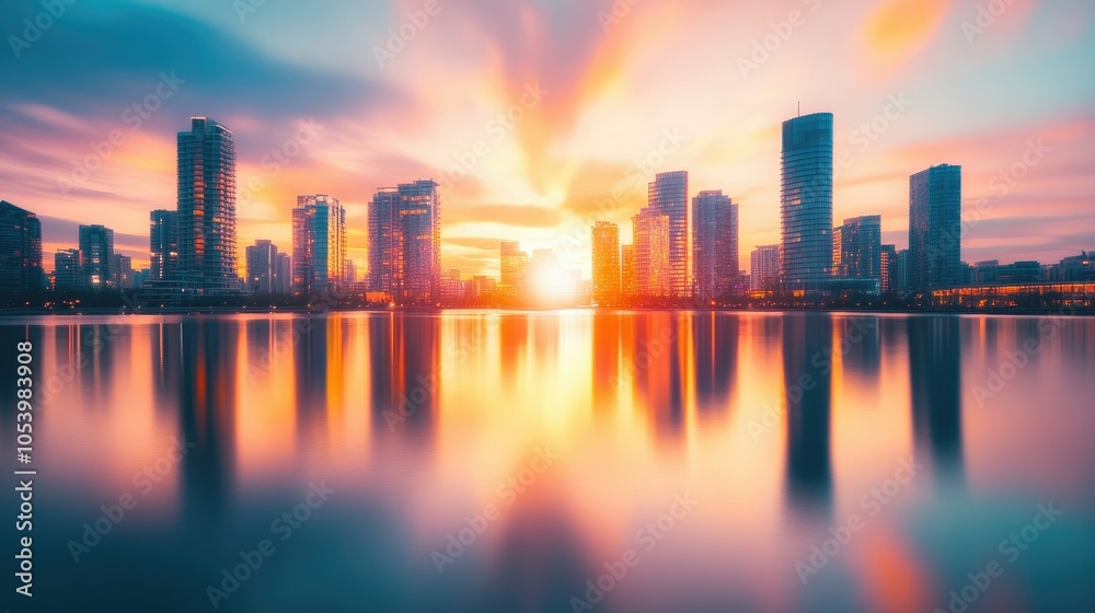 Fototapeta premium A mesmerizing sunset scene featuring blurred city buildings with their reflections on the water, creating a harmonious blend of colors and shapes.