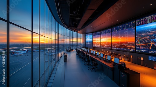 A modern airport control tower with large screens displaying flight data and a stunning sunset view through the panoramic windows.