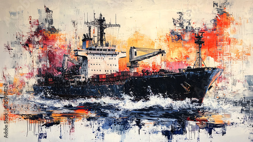 An abstract painting of a cargo ship, using bold colors and expressive brushstrokes to convey a sense of movement and energy.