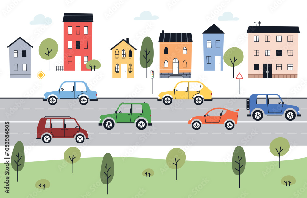 Fototapeta premium Cute cars on the background of a city with a park. Illustration in child style transport. Personal car, SUV, sports car. Vector illustration