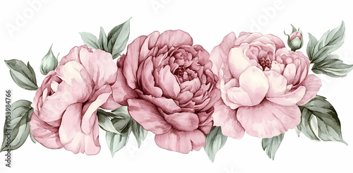 Pink Peony Floral Arrangement: Delicate pink peonies with lush green foliage, arranged in a charming and romantic floral design, perfect for adding a touch of elegance and beauty to your projects. 