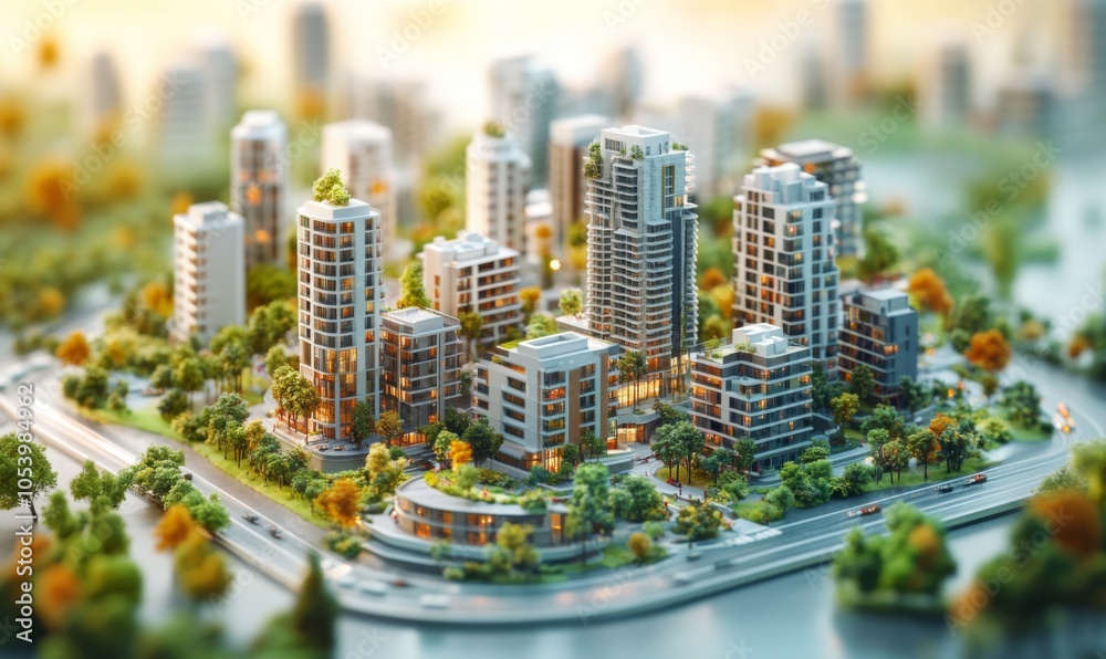 Fototapeta premium Mixed-use development with residential and commercial buildings, urban planning, 3D illustration