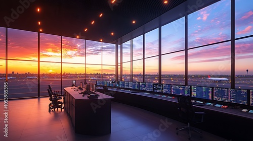 Modern airport control tower with large windows overlooking the runway and sunset with an airplane taking off.